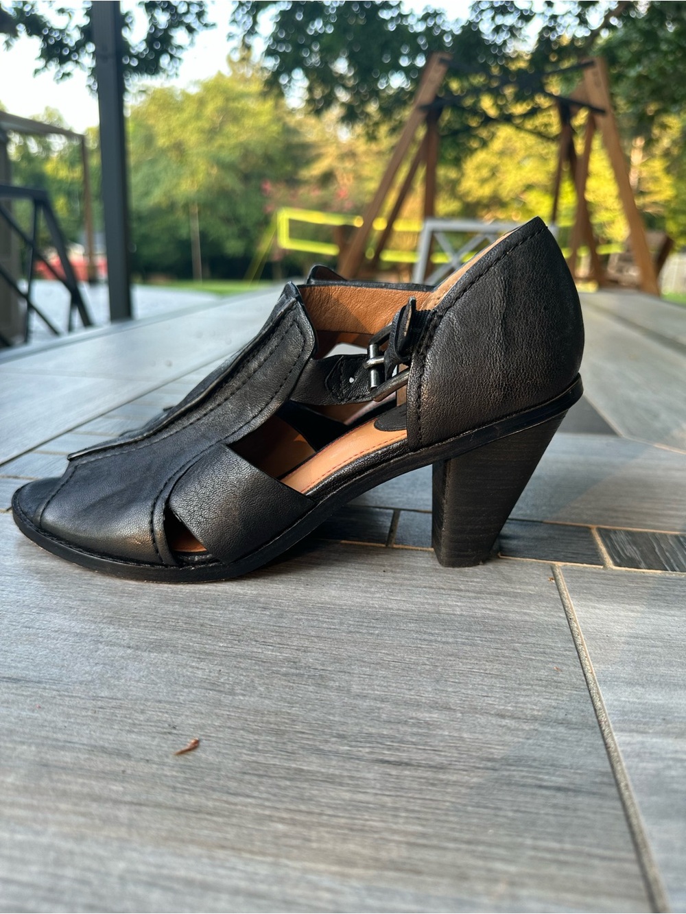 Trask Black Leather Peep Toe Buckle Heels